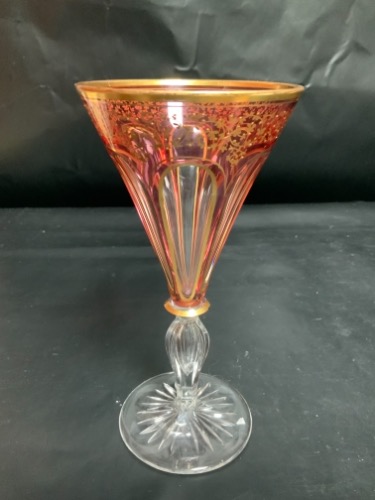 크랜베리 컷 클리어 핸드페인트 골드 데코 스템웨어 Cranberry Cut to Clear Hand Painted Gold Decorated Stemware