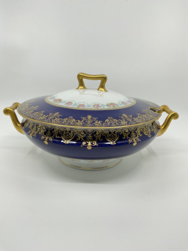 하빌랜드 리모지 골드 도금 코발트 블루 W/ 프로럴 스프 투린 Haviland Limoges Gold Gilded Cobalt w/ Floral Soup Tureen circa 1900