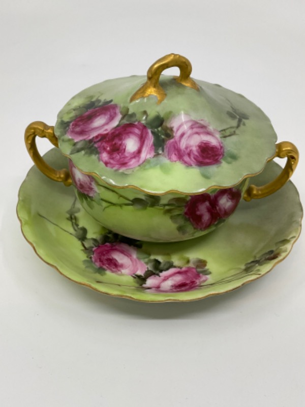 하빌랜드 리모지 핸드페인트 투핸들 커버 컵 &amp; 소서-귀한- Haviland Limoges Hand Painted 2 Handled Covered Cup &amp; Saucer circa 1900 - RARE!!!