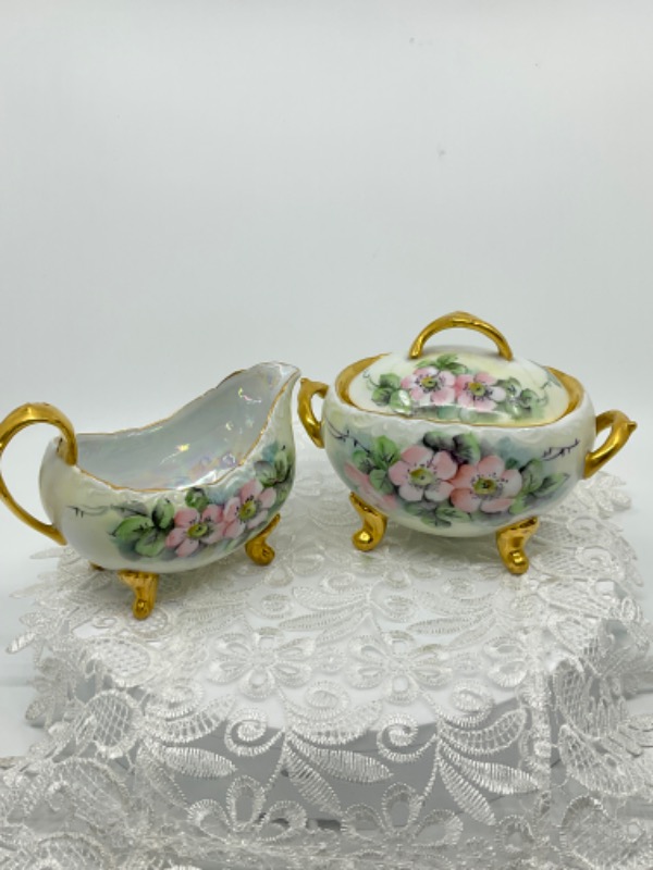 KST Selisia 핸드페인트 크리머 &amp; 슈거-잇는 그대로-리페어- KST Selisia Hand Painted Creamer &amp; Sugar circa 1900 - AS IS