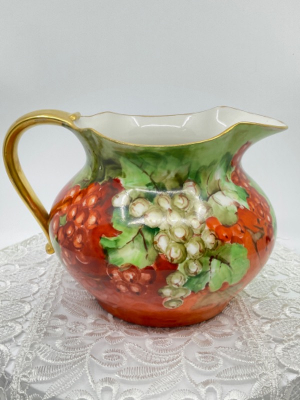 Pouyat 리모지 핸드페인트 사과주 피쳐 Pouyat Limoges Hand Painted Cider Pitcher circa 1890