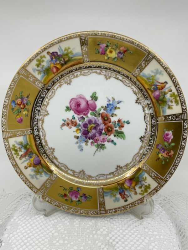 드레스덴 삭소니 핸드페인트 골드 길드 플레이트 Dresden Saxony Hand Painted Gold Gilded Plate circa 1900