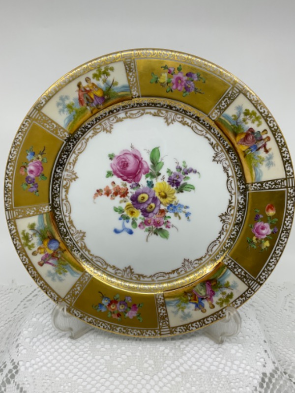 드레스덴 삭소니 핸드페인트 골드 길드 플레이트 Dresden Saxony Hand Painted Gold Gilded Plate circa 1900