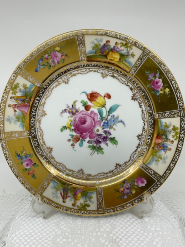 드레스덴 삭소니 핸드페인트 골드 길드 플레이트 Dresden Saxony Hand Painted Gold Gilded Plate circa 1900