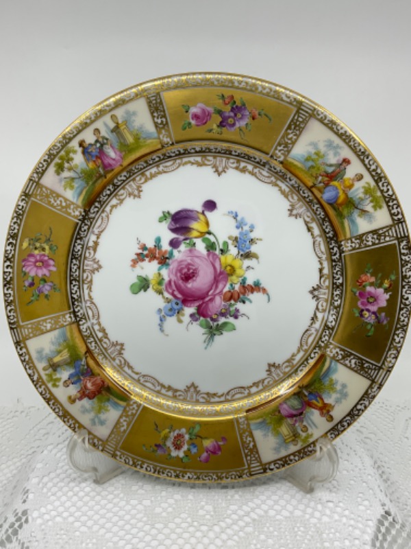 드레스덴 삭소니 핸드페인트 골드 길드 플레이트 Dresden Saxony Hand Painted Gold Gilded Plate circa 1900