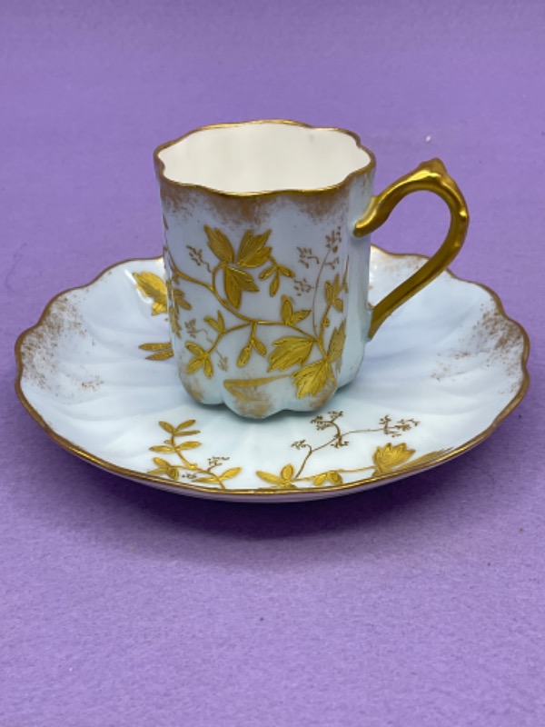 LS &amp; S 리모지 핸드페인트 데미타스 (에쏘잔) 컵 &amp; 소서 LS &amp; S Limoges Hand Painted Demitasse Cup &amp; Saucer circa 1900