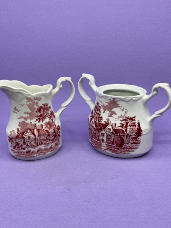 Meakin 레드 &amp; 화이트 트렌스퍼웨어 (전사) 크리머 &amp;슈거 Meakin Red &amp; White Transferware Creamer &amp; Sugar circa 1960