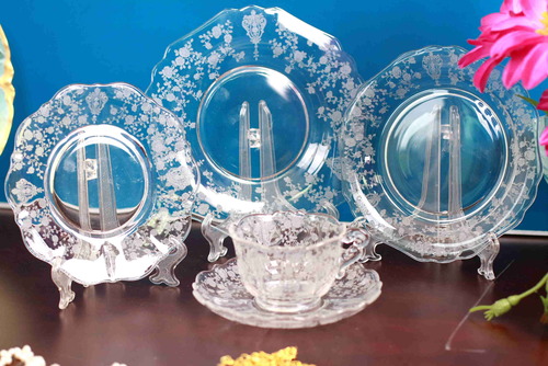 케임브리지 &quot;로즈 포인트&quot; 엘러겐 글래스 5Pc 테이블 세팅 Cambridge &quot;Rose Point&quot; Elegant Glass 5 Piece Setting circa 1934 - 1958