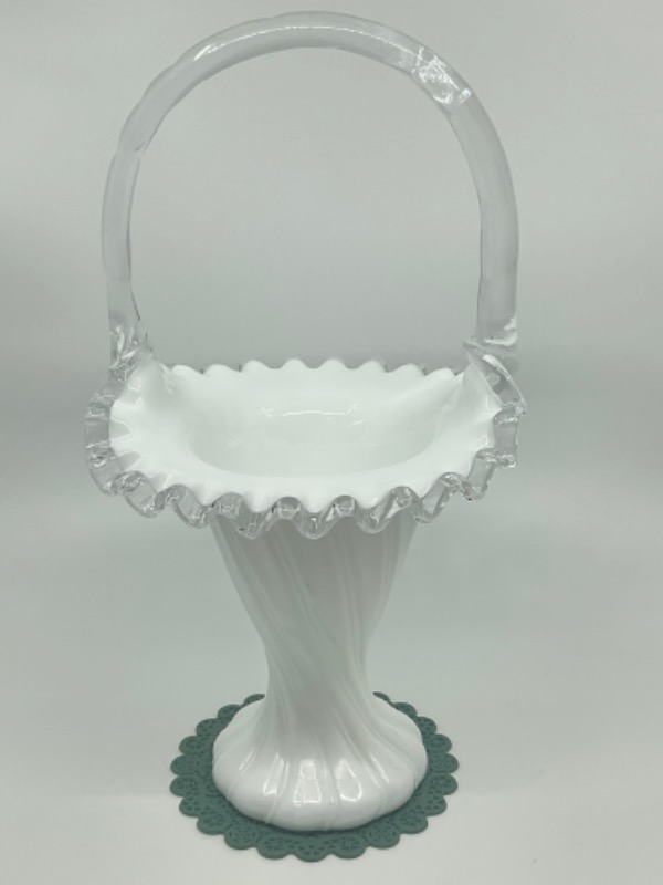 펜톤  실버크레스트 회호리 핸드 블로운 아트 글라스 바스켓 Fenton Silvercrest Swirl Hand Blown Art Glass Basket circa 1970