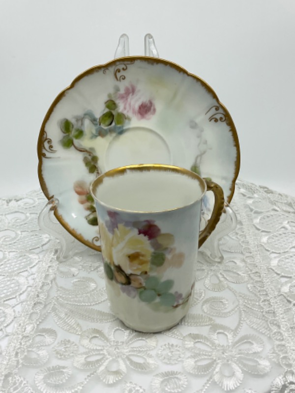 Guerin 리모지 핸드페인트 데미타스 (에쏘) /초콜렛 컵 &amp; 소서 Guerin Limoges Hand Painted Demitasse / Chocolate Cup &amp; Saucer circa 1900