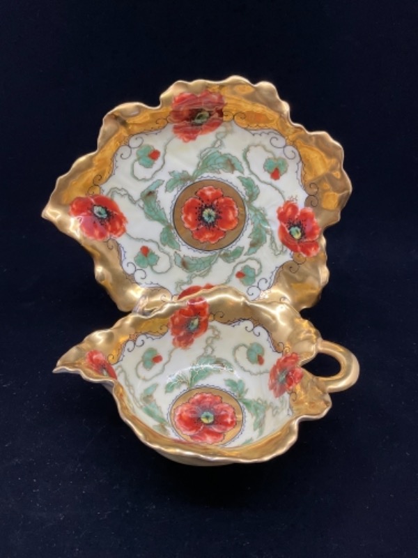 하빌랜드 리모지 핸드페인트 피카드 스튜디오 소스 보트 W/ 언더플레이트 Haviland Limoge Hand Painted by Pickard Studios Sauce Boat and Underplate circa 1900