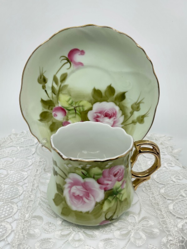 레프톤 핸드페인트 컵 &amp; 소서 Lefton Hand Painted Cup &amp; Saucer circa 1960