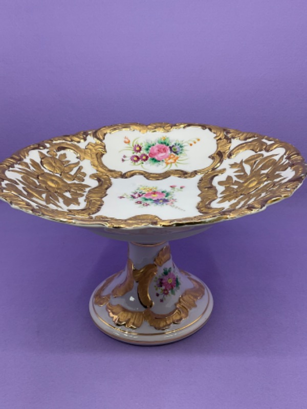 마이센 (마크가 없는) 인크러스트 핸드페인트 캄포트 Meissen (Unmarked) Gold Encrusted Hand Painted Compote