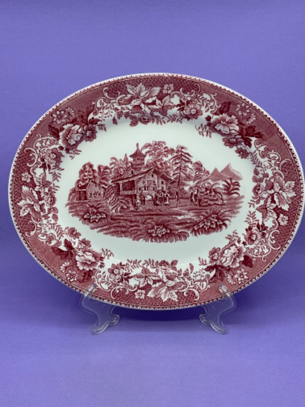 Thomas Hughe 레드 &amp; 화이트 트렌스퍼웨어 (전사) 플레터 Thomas Hughes Red &amp; White Transferware Platter circa 1920