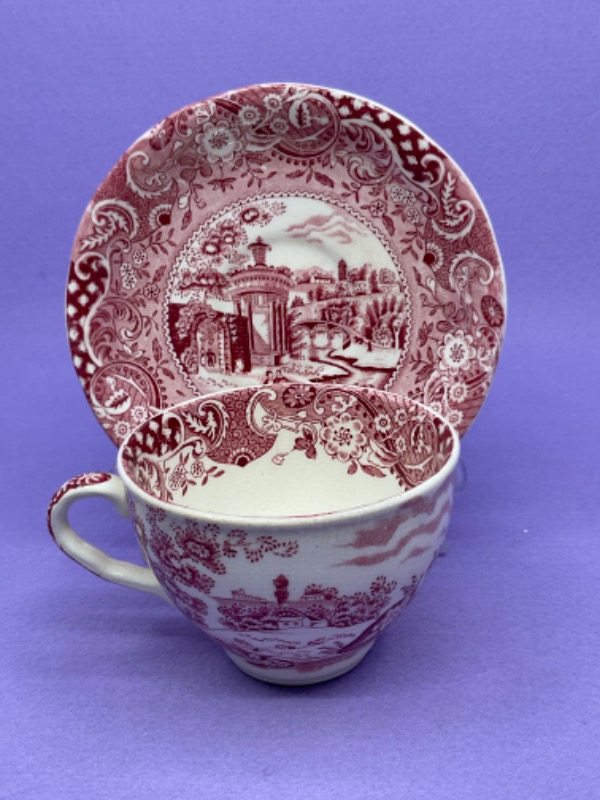 W R Midwinte 레드 &amp; 화이트 트렌스퍼웨어 (전사) 컵 &amp; 소서 W R Midwinter Red &amp; White Transferware Cup &amp; Saucer circa 1920