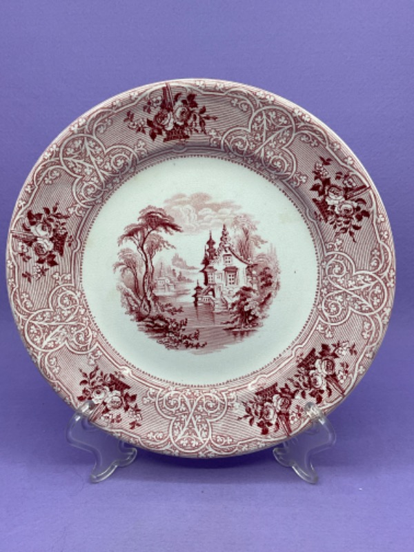 J Mei 레드 &amp; 화이트 트렌스퍼웨어 (전사) 플레이트 J Meir Red &amp; White Transferware Plate 1874