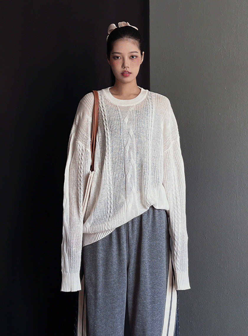 Bye-bye wool cable see-through knit top