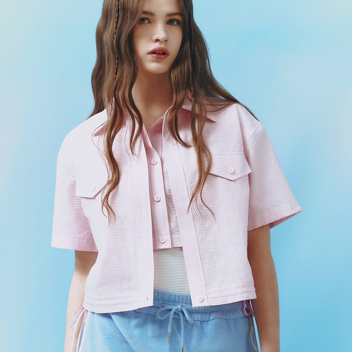 [시즌오프]Pink String Crop Shirt M241CB6390P