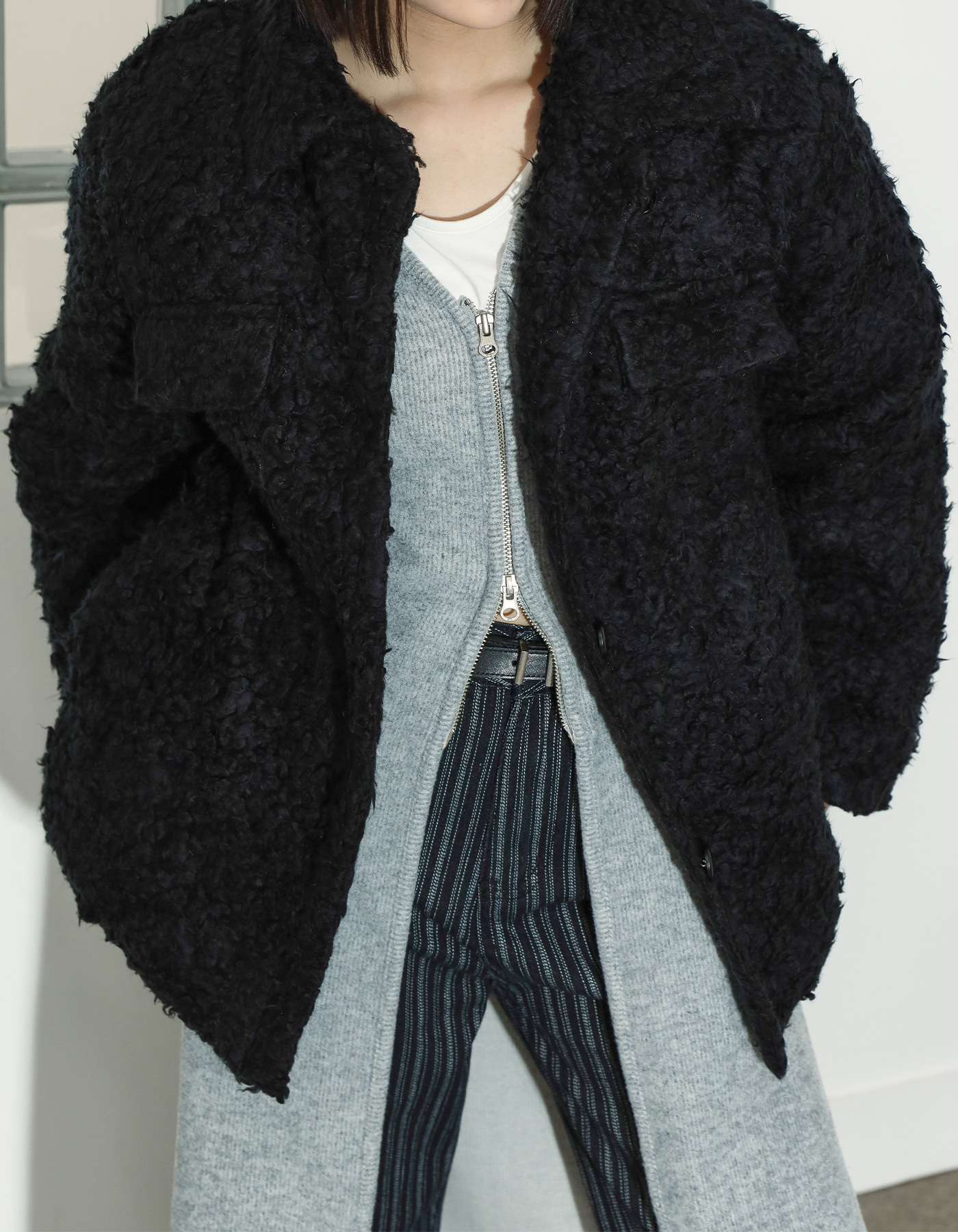 Side pocket collar fur jacket (2 Color)