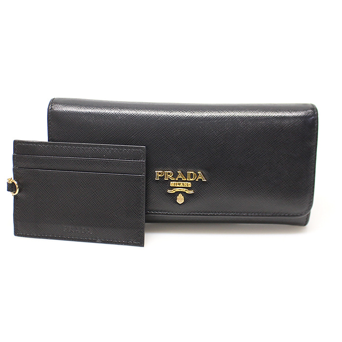 Prada(프라다) 1MH132 블랙 사피아노 트라이앵글 금장 레터링 로고 장지갑