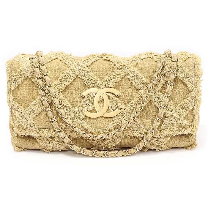 Chanel(샤넬) A48417 베이지 트위드 카프스킨 금장 CC로고 네이처 맥시 이스트웨스트 플랩 숄더백 (13번대)
