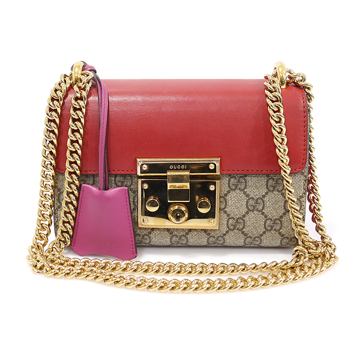 Gucci (Gucci) 409487 GG Supreme Canvas Red Leather Gold Chain Padlock Small GG Shoulder Bag