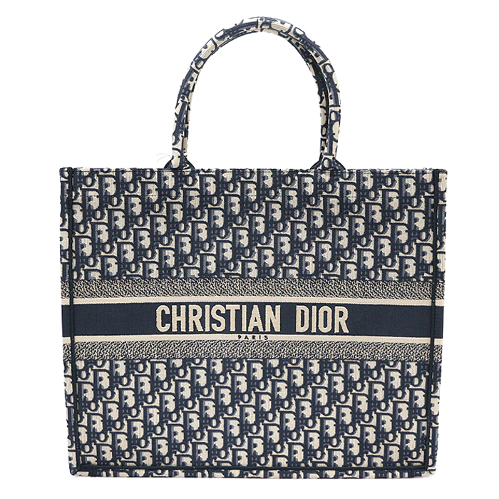 Dior (Christian Diall) M1286ZRIW_M828 Ecru Blue Oblig Embroidery Jacquard Book Toat Large Toat Bag