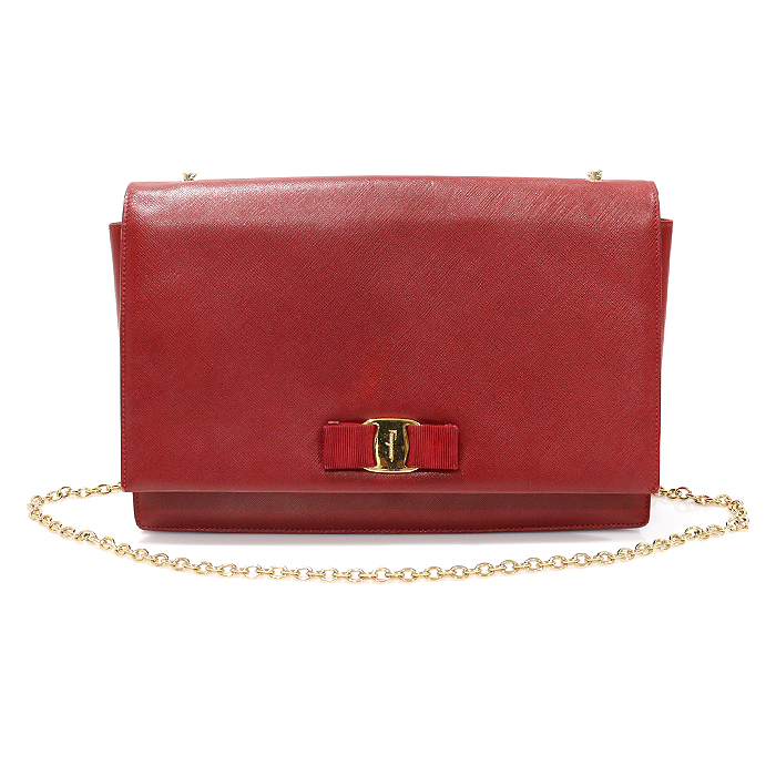 Ferragamo (Peragamo) 21 E015 Red Saffiano Leather Gold Ornament Bara Genie Large Chain Shoulder Bag