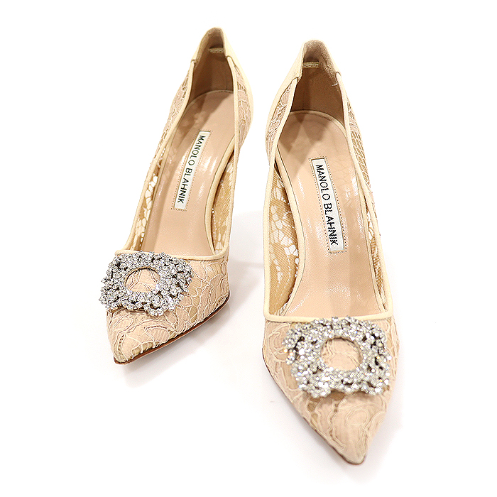 Manolo Blahnik NUDE Lace Crystal Jewel Buckle HANGISI High Heel Pumps Women&#039;s Shoes 36