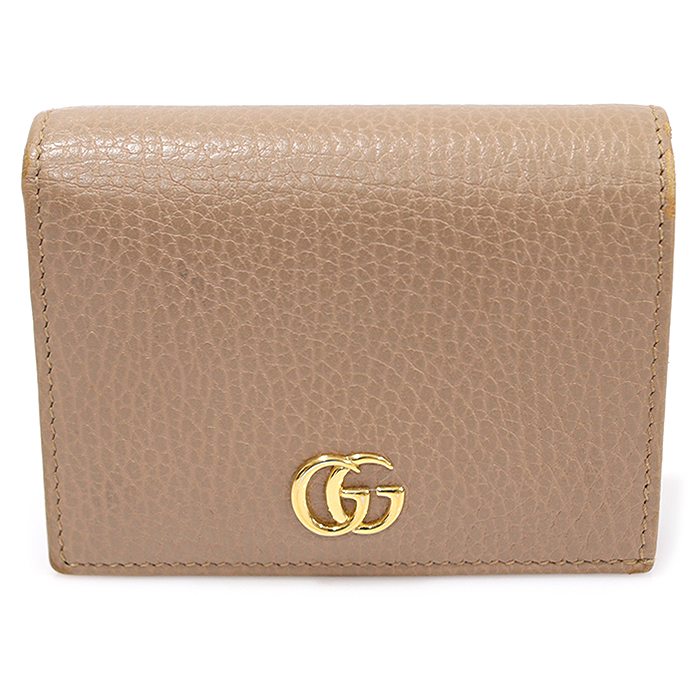 Gucci (Gucci) 456126 Beige Textured Leather Gold Ornament GG Mamong Card Case Half-wallet