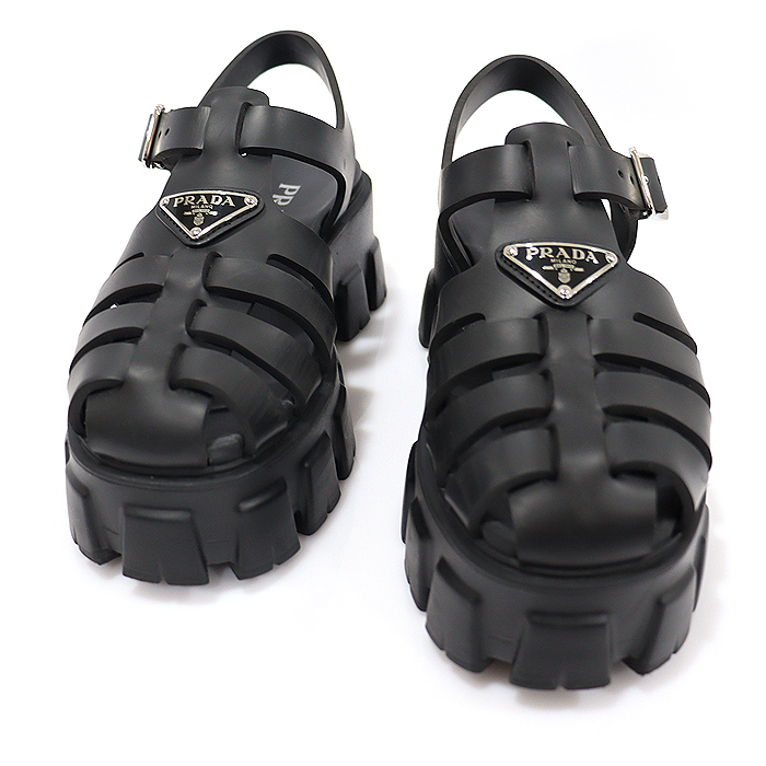 Prada 1X853M Black Rubber Silver Triangle Strap Women&#039;s Sandals 37
