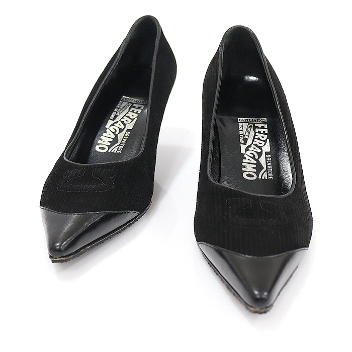 Ferragamo Black Corduroy Golden Gancini Pumps Women&#039;s shoes 8C