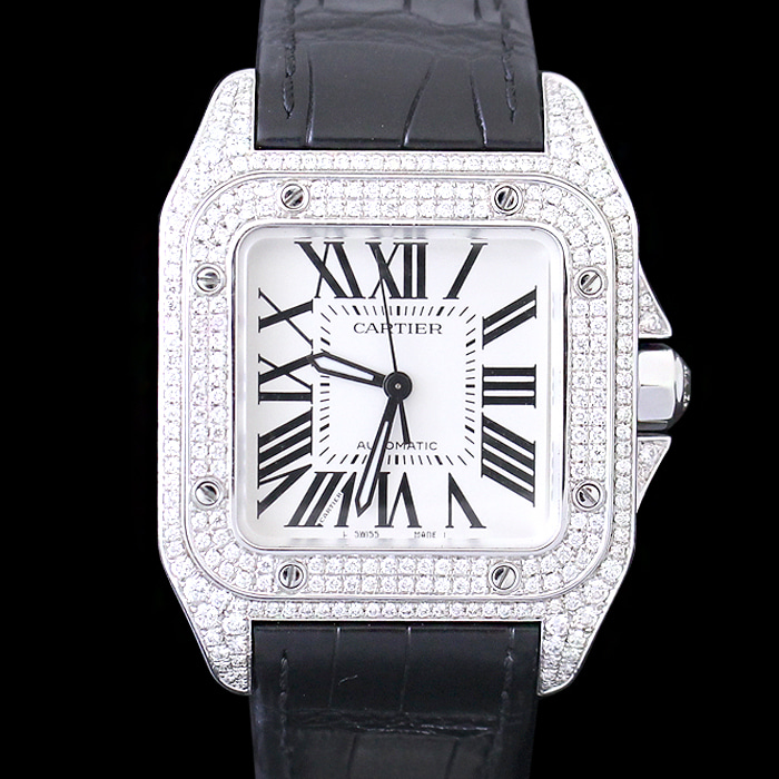 Cartier(까르띠에) W20106X8 다이아 세팅 스틸 산토스 100 미디움 악어 가죽밴드 시계