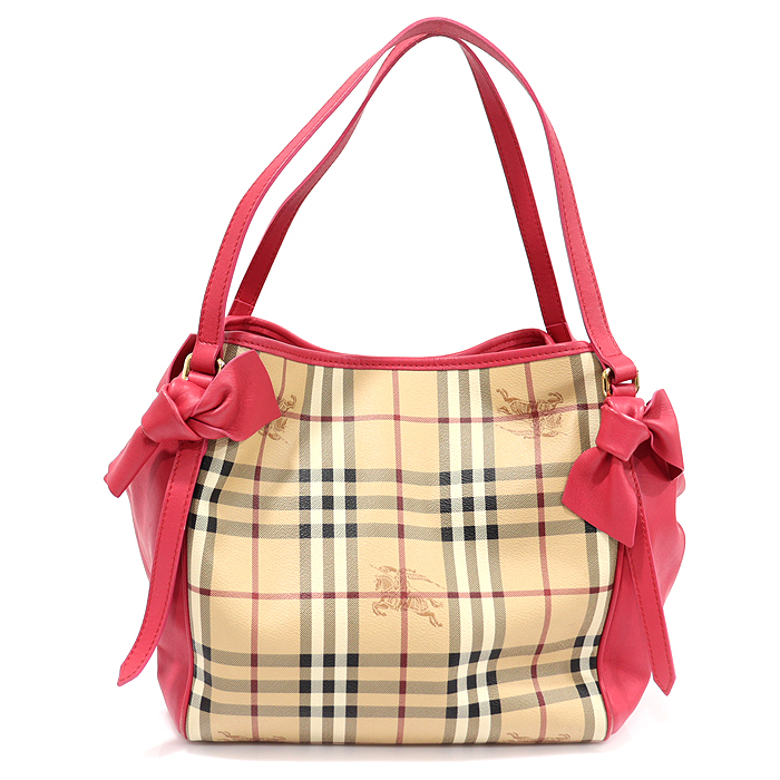 Burberry 3985095 Haymarket Check Pink Leather Trimming Ribbon Decorated Canterbury Small Shopper Shoulder Bag