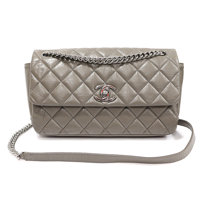 Chanel A65711 Gray Carpskin CC Logo Silver Chain Flap Medium Shoulder Bag (No. 16)