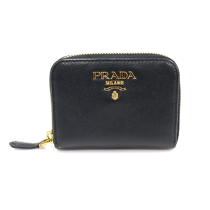 Prada 1MM268 Black Saffiano Gold Lettering Logo Zipper Coin Card Wallet