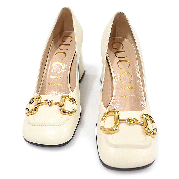 Gucci (Gucci) 643886 White leather gold hole bit midhill pumps women&#039;s shoes 36