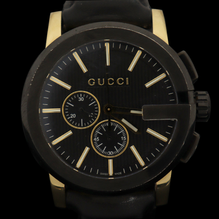 Gucci(구찌) YA101203 101.2 44MM 블랙 골드 쿼츠 101XL G-크로노 가죽밴드 남성 시계
