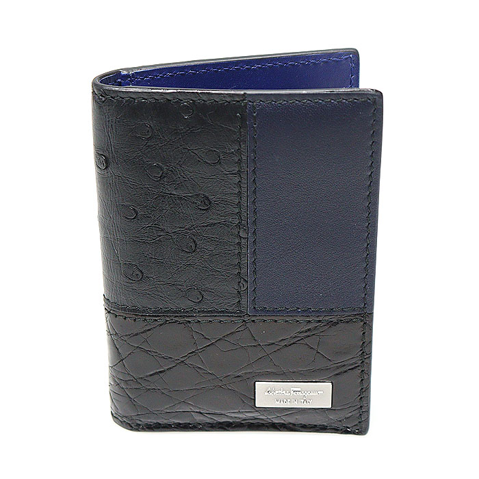Ferragamo(페라가모) 66 0225 블랙 크로커다일 오스트리치 네이비 레더 투톤 카드 지갑