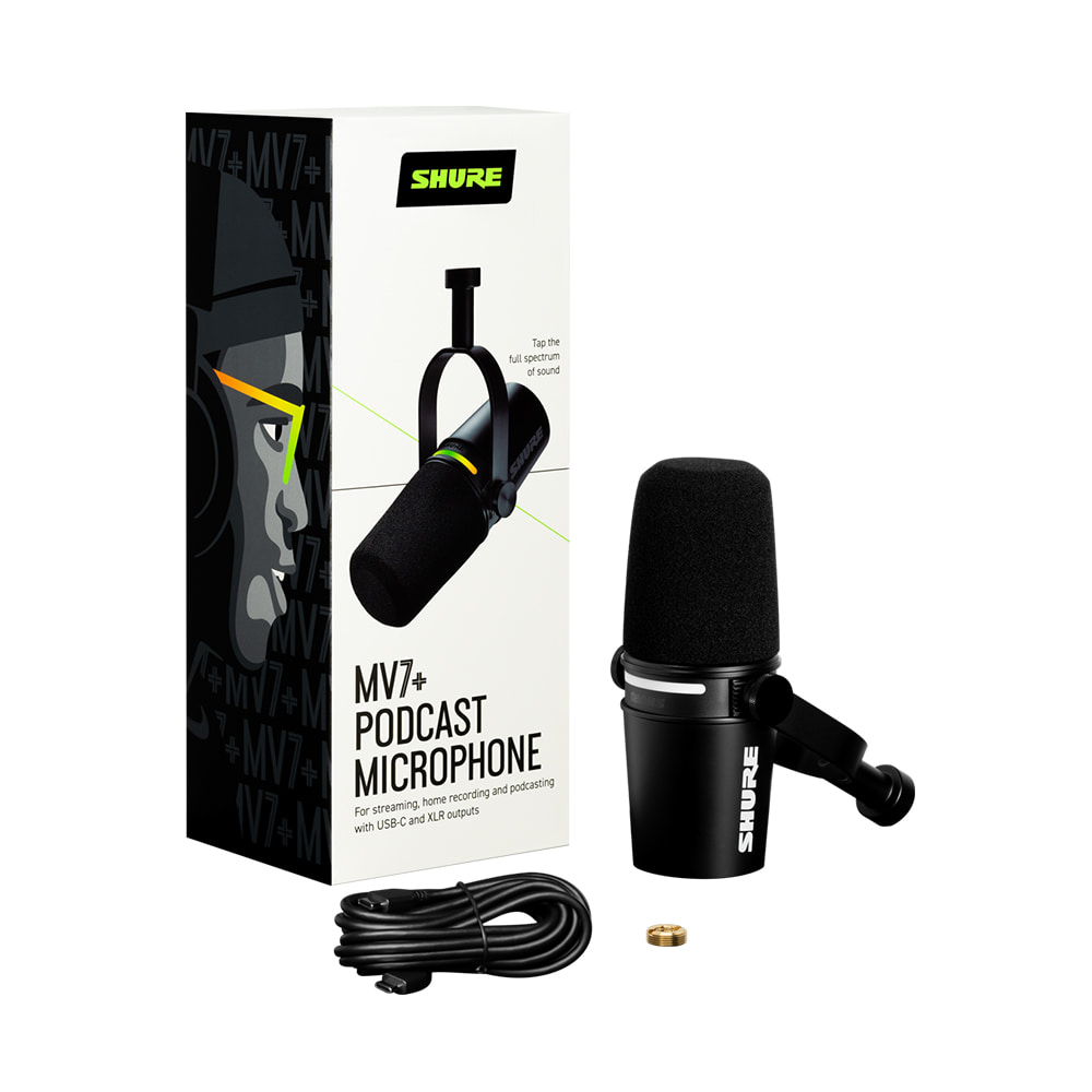 SHURE MV7+ 슈어 팟캐스트 XLR, USB-C 하이브리드 듀얼 마이크 (블랙)