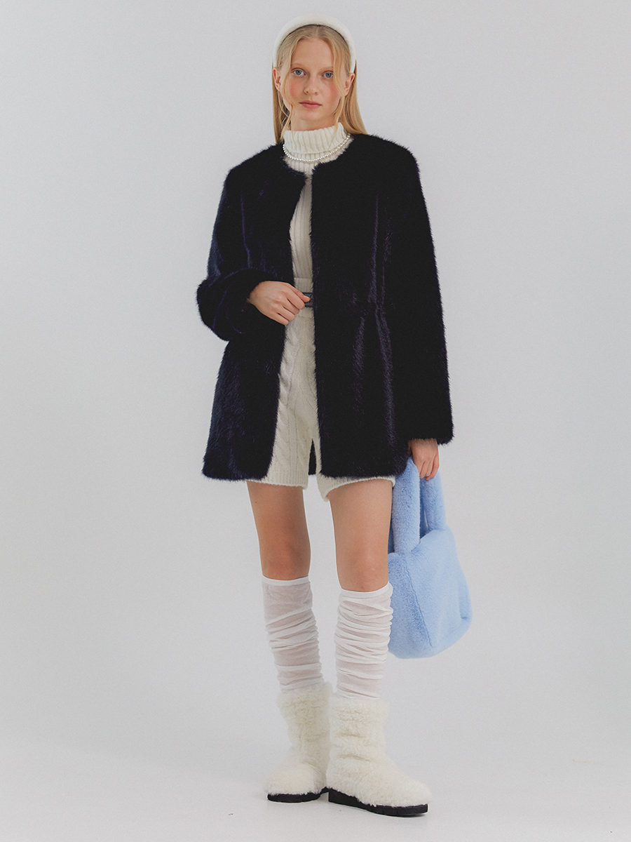 ANNA round neck half coat [navy]