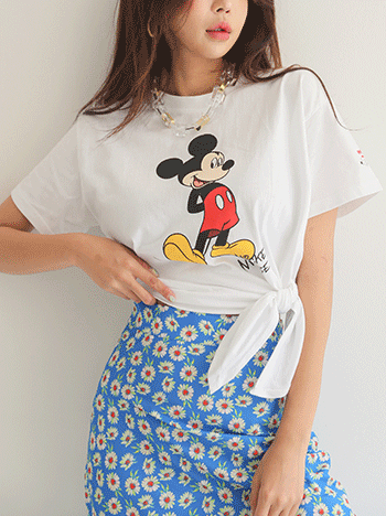 [디즈니정품] Miki 언발 크롭 리본 반팔 티셔츠 (3color)