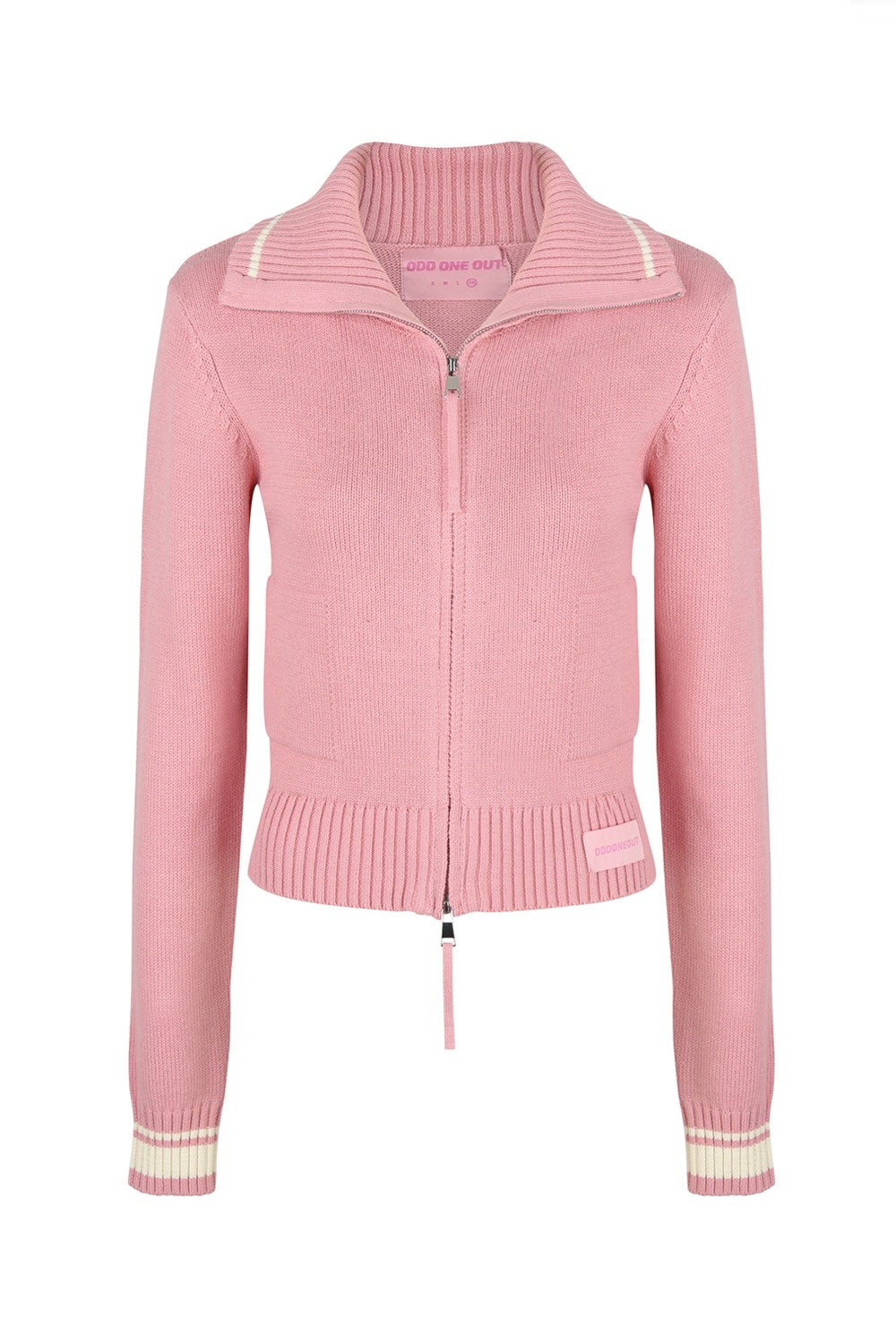 STRIPE ZIP-UP KNIT CARDIGAN PINK