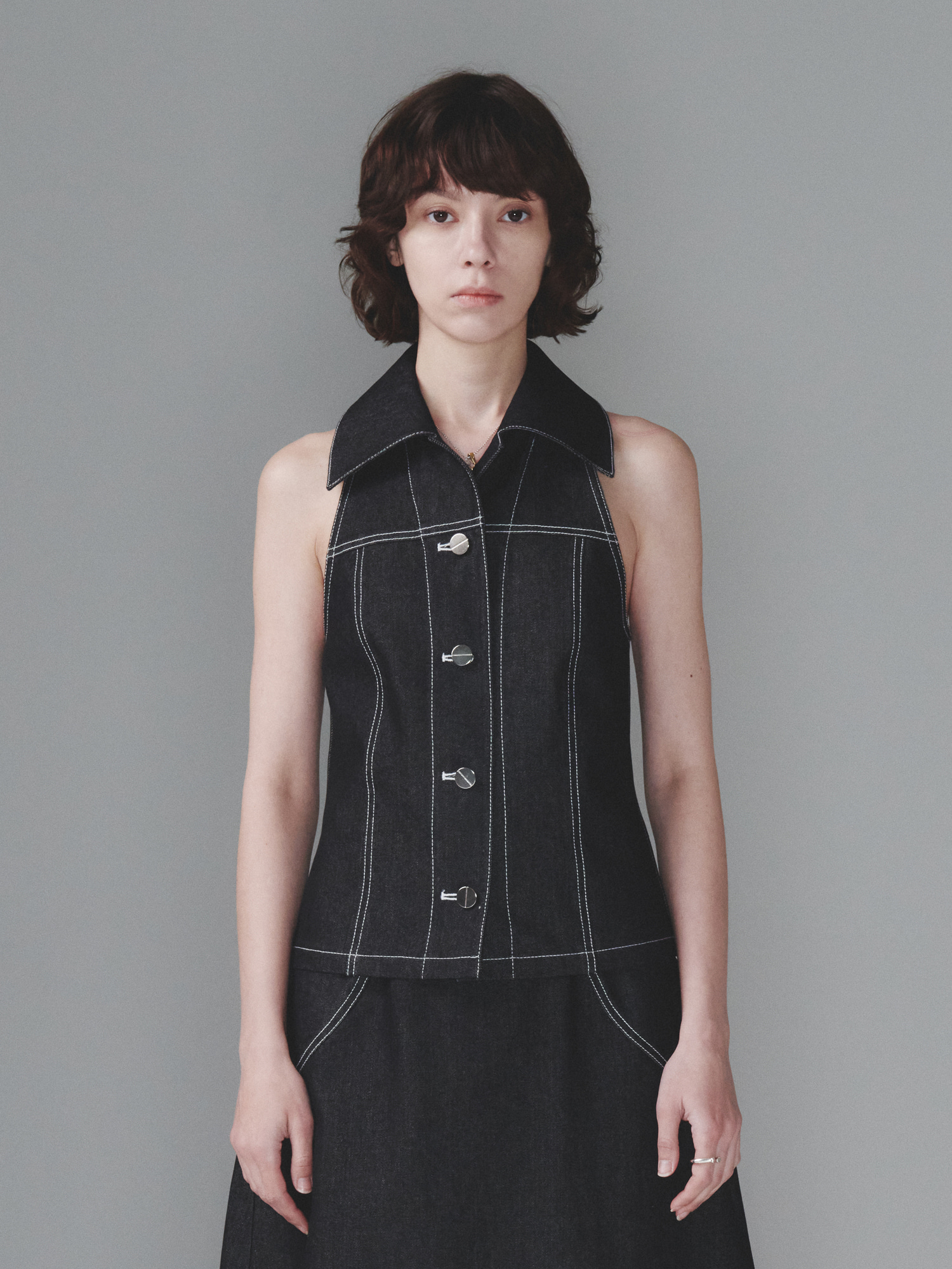 Halter Neck Denim Vest - Black