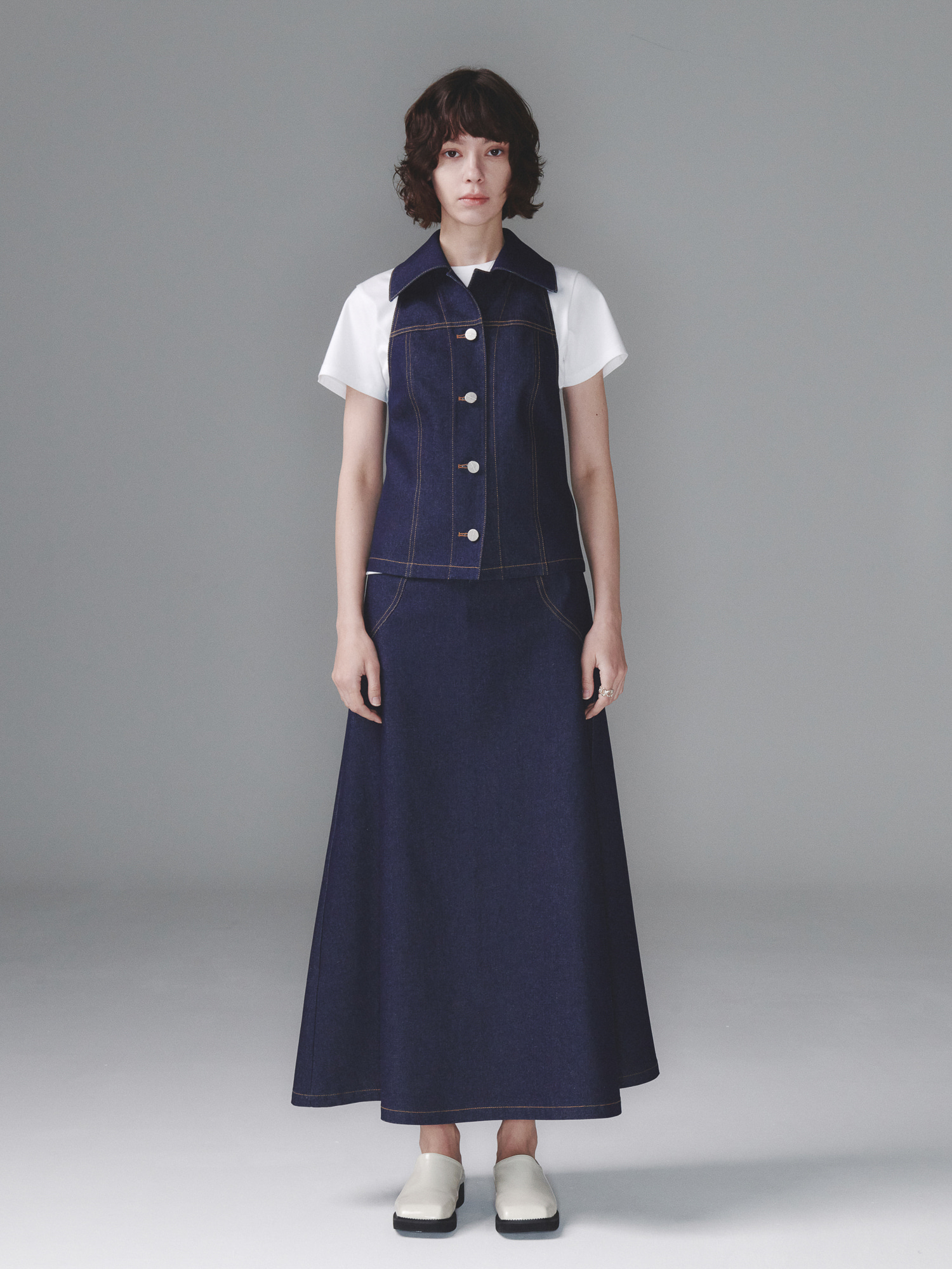 Gored Denim Long Skirt - Dark Navy