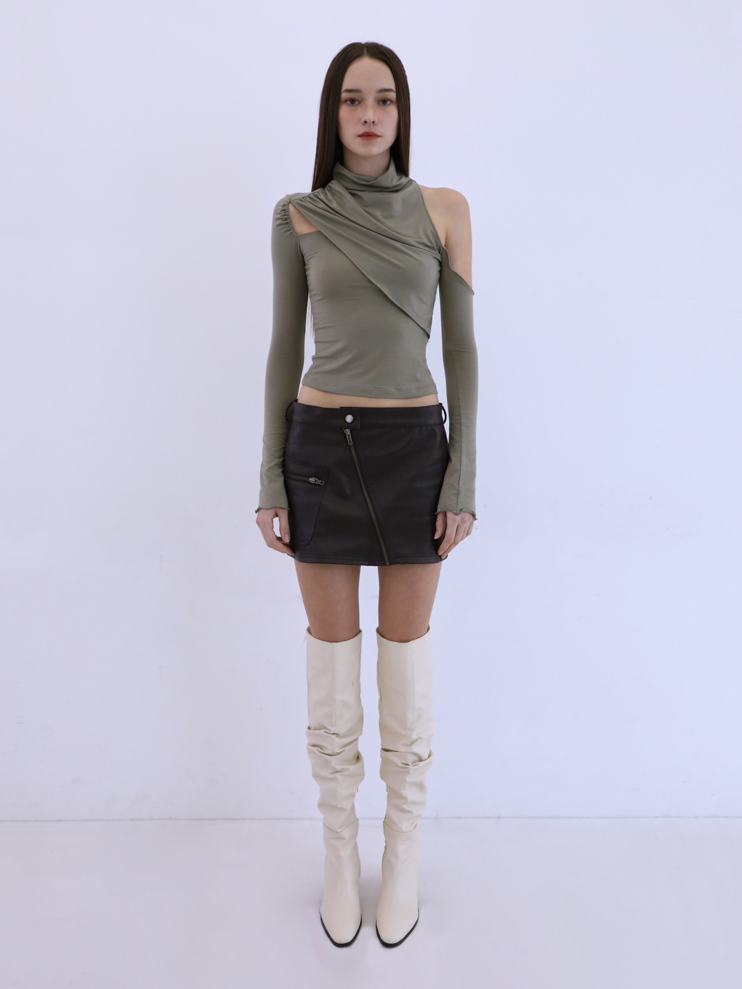 Cowl Neck Shirring Long Sleeve - Khaki