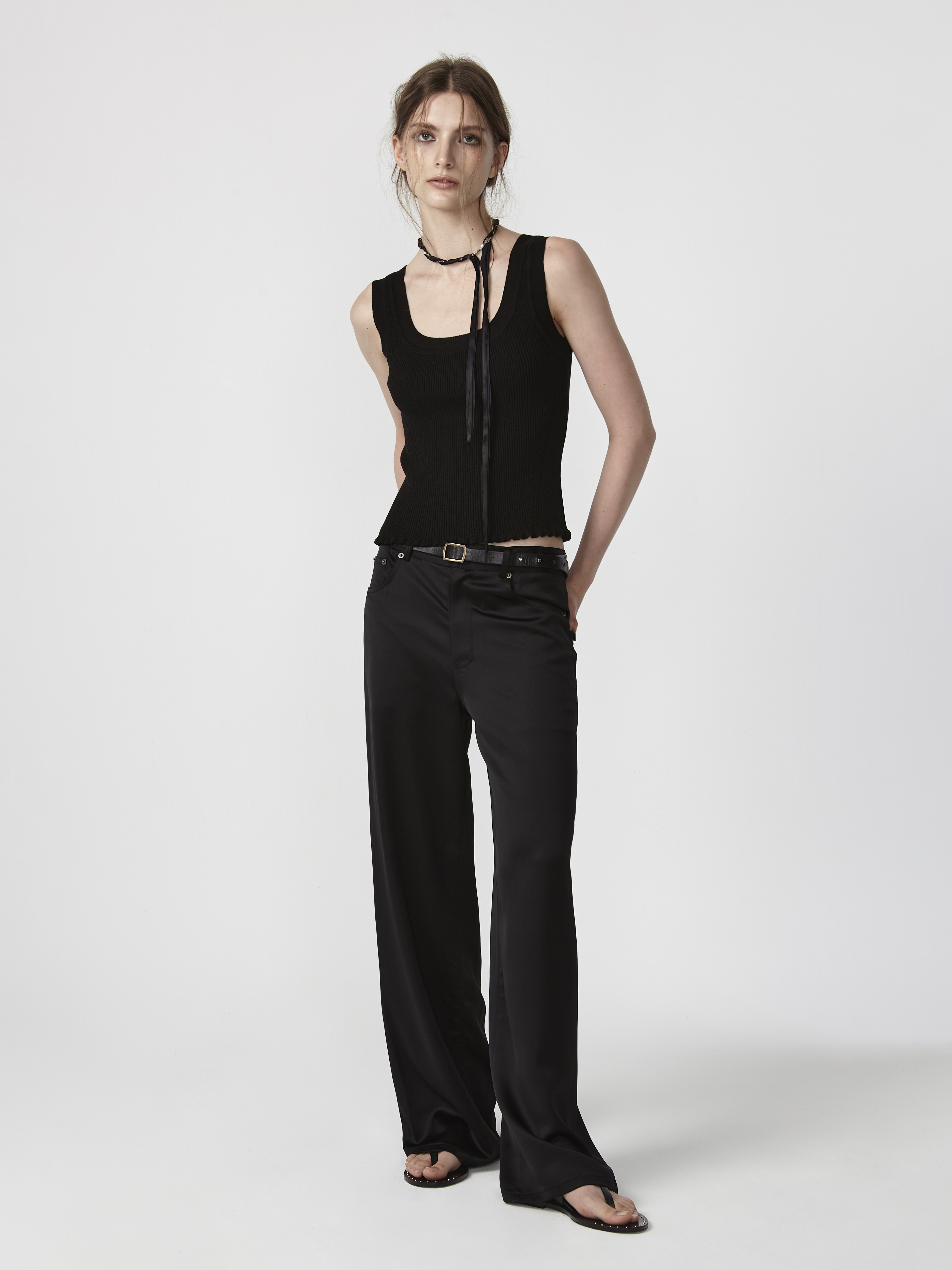 Satin Mid Waist Large Pants - Satin Black