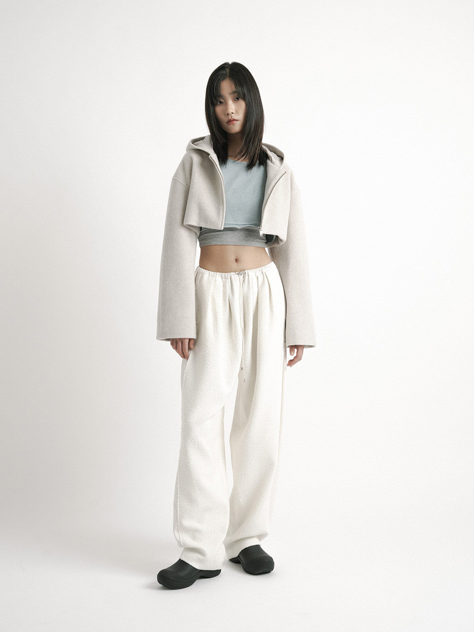 Raccoon Crop Hood Coat - Light Gray