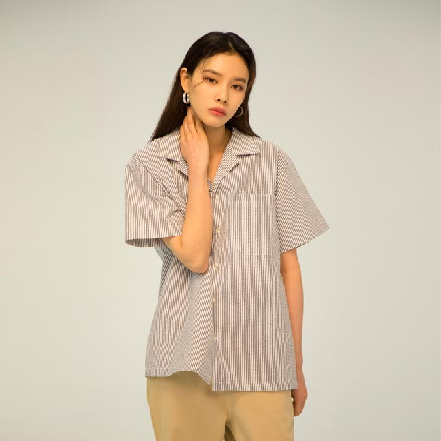 아워히스토리Stripe Open Collar Shirt 블랙스트라이프 오픈 카라 셔츠