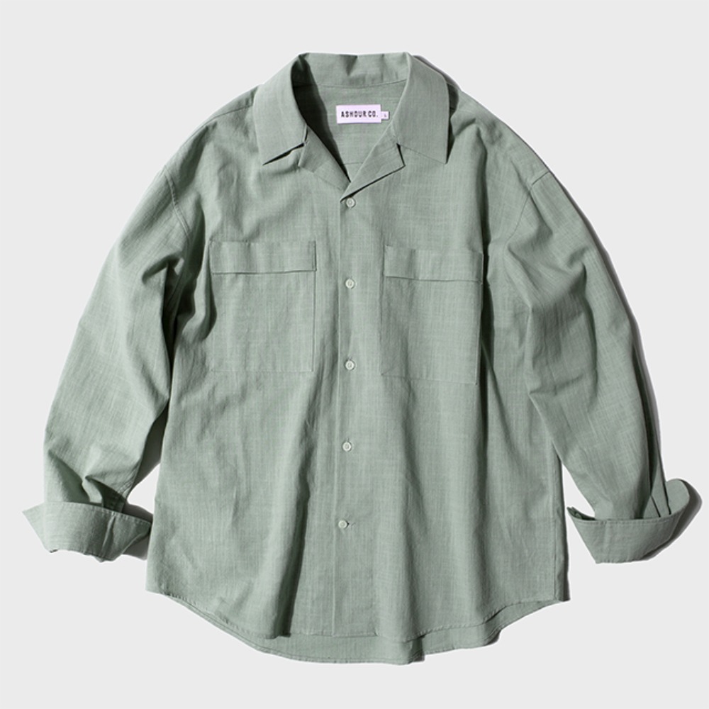 애쉬아워Tourists Linen Open Collar Shirts 세이지 그린린넨 오픈 카라 긴팔 셔츠